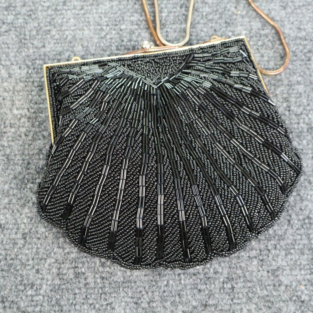 Vintage 1980s Carolyne Barton NIGHT Beaded Clamshell Evening Bag / Clutch